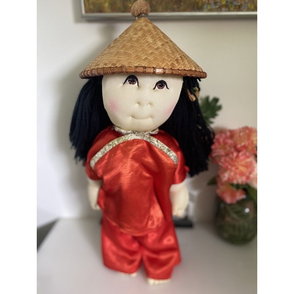 Rice Paddy Babies‎ Soft Sculpture Girl Doll With Straw Hat Vintage 1984 18" Nice